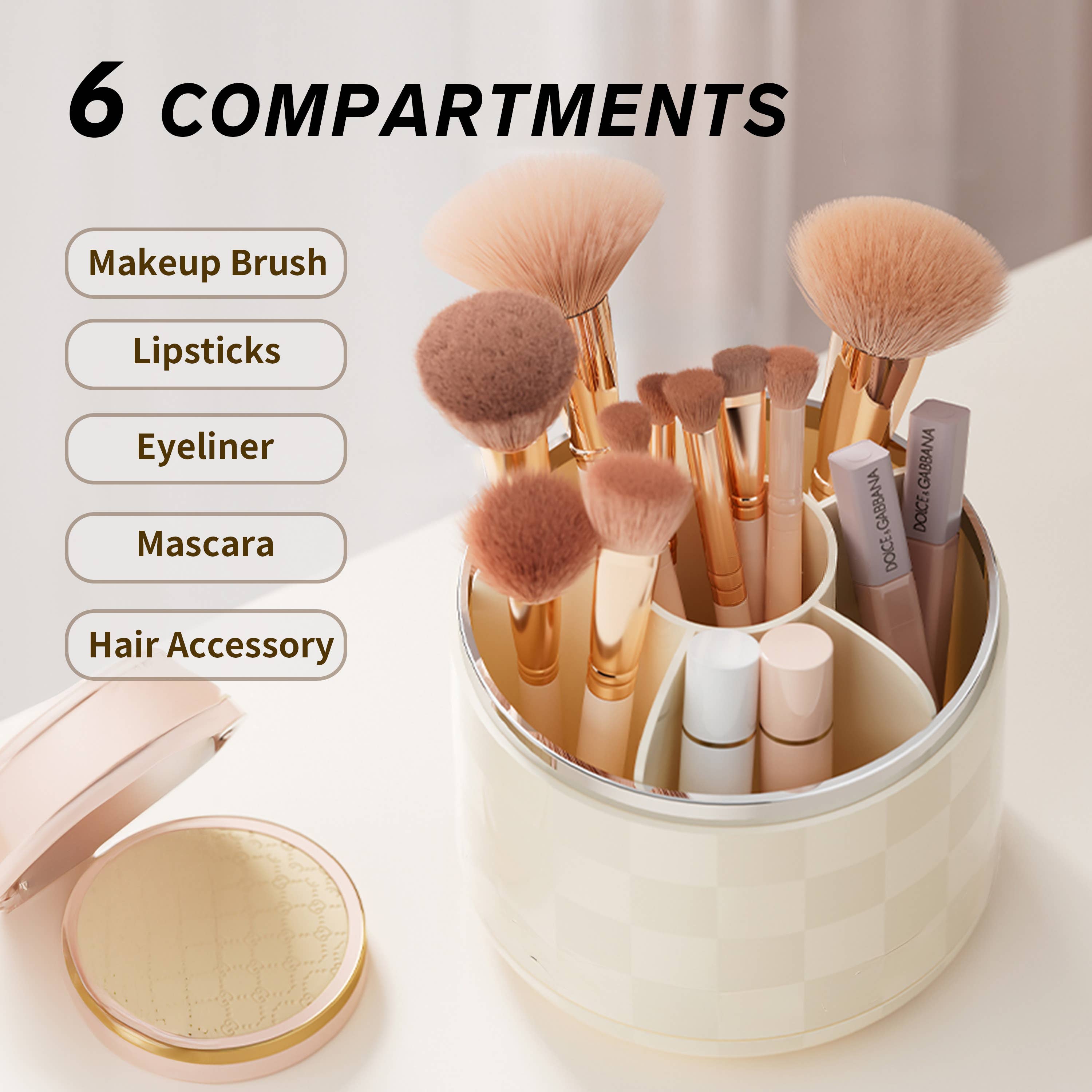 LivingTaste Home Inc - Wholesale Makeup Storage Box - Makeup Brush Holder with Lid, 360° Rotating in Beige White3