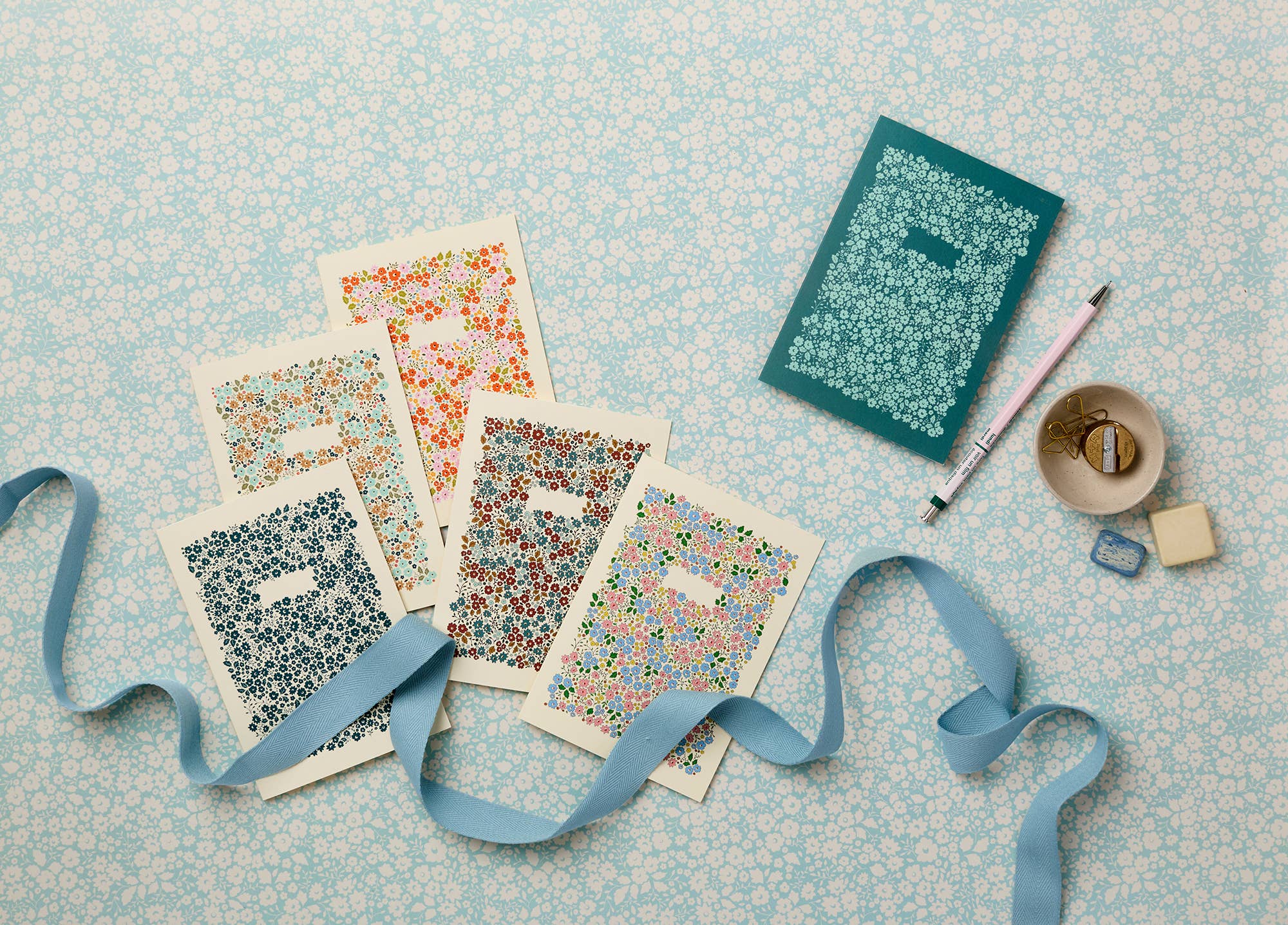 Lucy says I do - Wholesale Flat Wrap - Flourish in Blue – Hand-Drawn Floral Wrapping Paper1