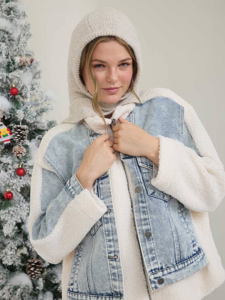 TEDDY AND DENIM MIXED MEDIA ZIP-UP JACKET  for wholesale by Blu Pepper