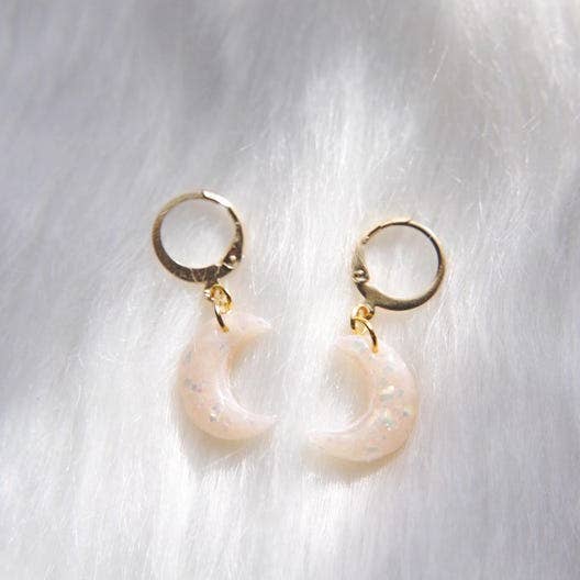 Opal Crescent Moon Polymer Clay Hoop Earrings for wholesale by bohemians closet