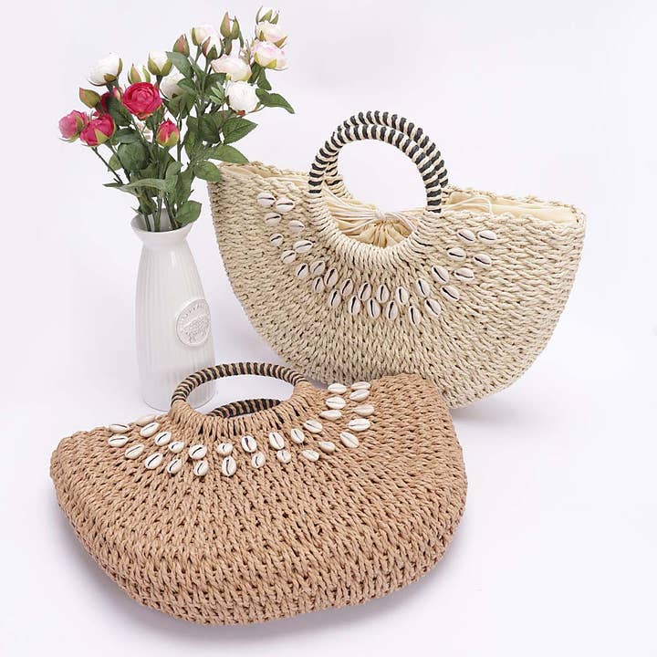 Faux Straw Handmade Shell Embellished Bag for wholesale by 3AM BY H&D ACCESSORIES