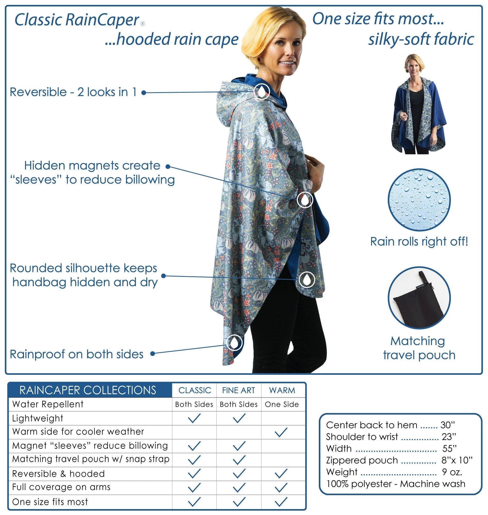 RainCaper - Wholesale Poncho - Women's - William Morris Strawberry Thief & Black Reversible Rain Cape Poncho – Hooded Womens Wrap6