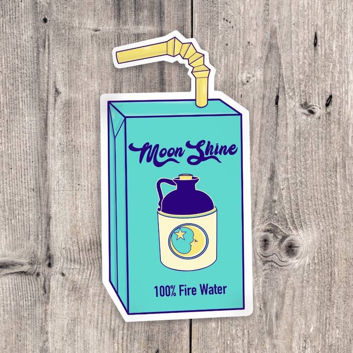 Moonshine 100% Firewater Juice Box, Vinyl Sticker for wholesale by Sage and Virgo