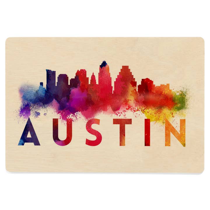 CARTE POSTALE EN BOIS Austin, ligne d'horizon abstraite, grandes lettres pour la vente par Lantern Press
