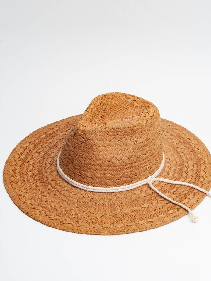 Summer Straw fedora hat with rope trim in tan for wholesale by Lucca Couture