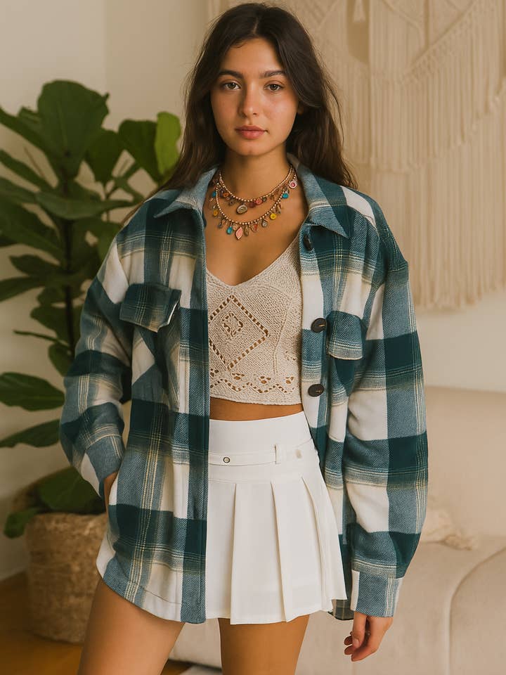 U R My Sunshine - Wholesale Shirt Jacket/Shacket - Women's - 25076- Plaid Sherpa Jacket – Button Up Fleece Lined Shacket