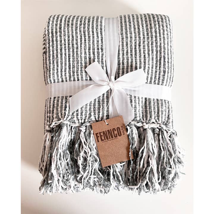 Fennco Styles - Wholesale Throw Blanket - Grey Chenille Woven Striped 50"x60" Throw Blanket