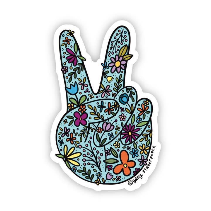Floral Peace Sign Sticker - Hand Peace Sign Design for wholesale by Grey Street Paper