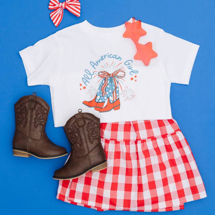 Benny & Ray Apparel - Wholesale Screen Printed T-Shirt - Kids - All American Girl Cowboy Boots 4th of July Shirt