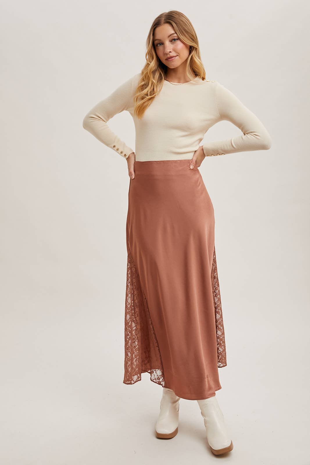 Bluivy - Vente Jupe – femme - Jupe midi en satin taille mi-haute avec bordure en dentelle8