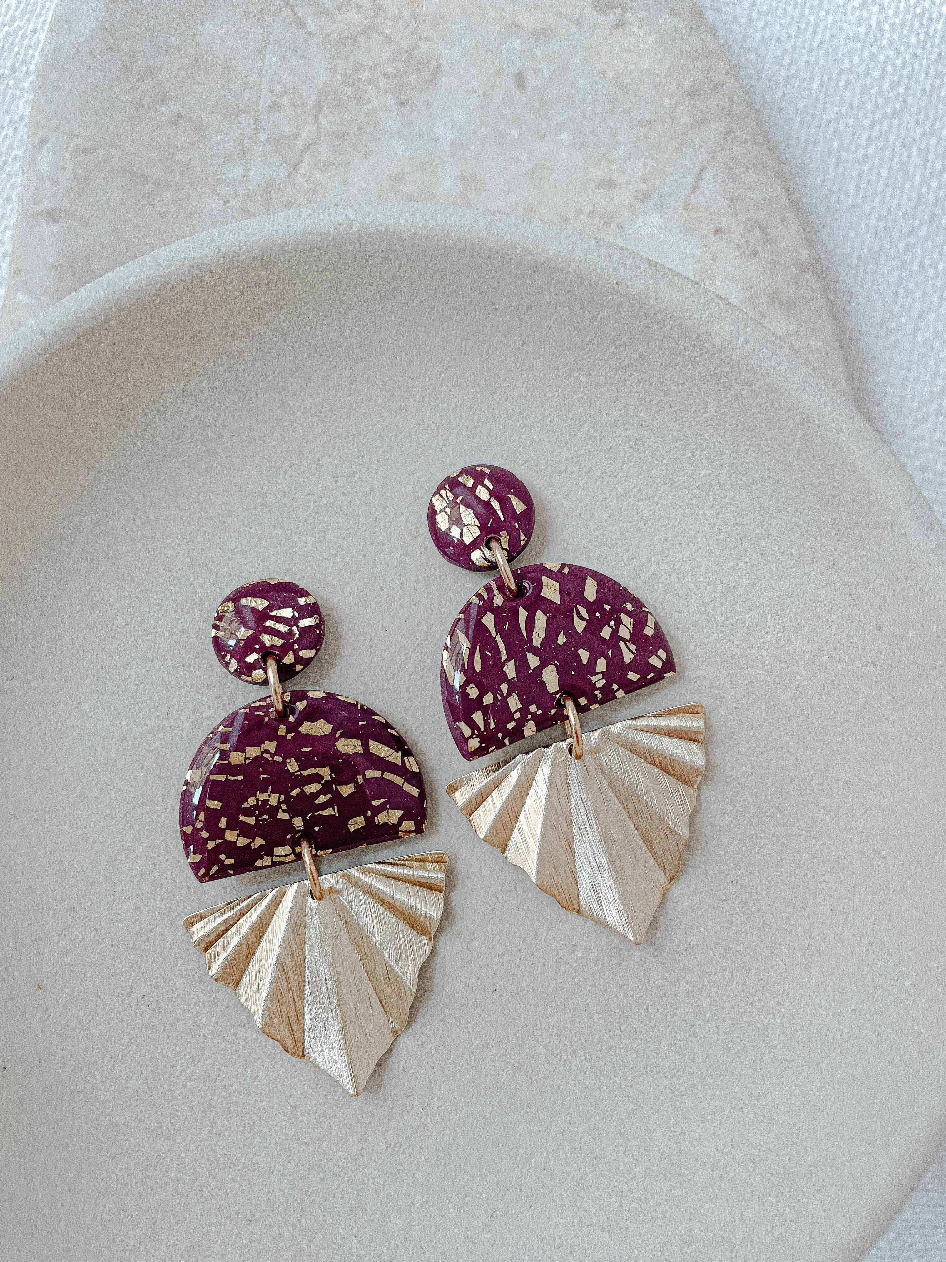 LESVARANDCLAY - Wholesale Dangle Earrings - Bordeaux & Gold Polymer Clay Earrings