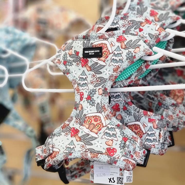 Toadstool Wonderland Christmas harness for wholesale by The flying dog n Co