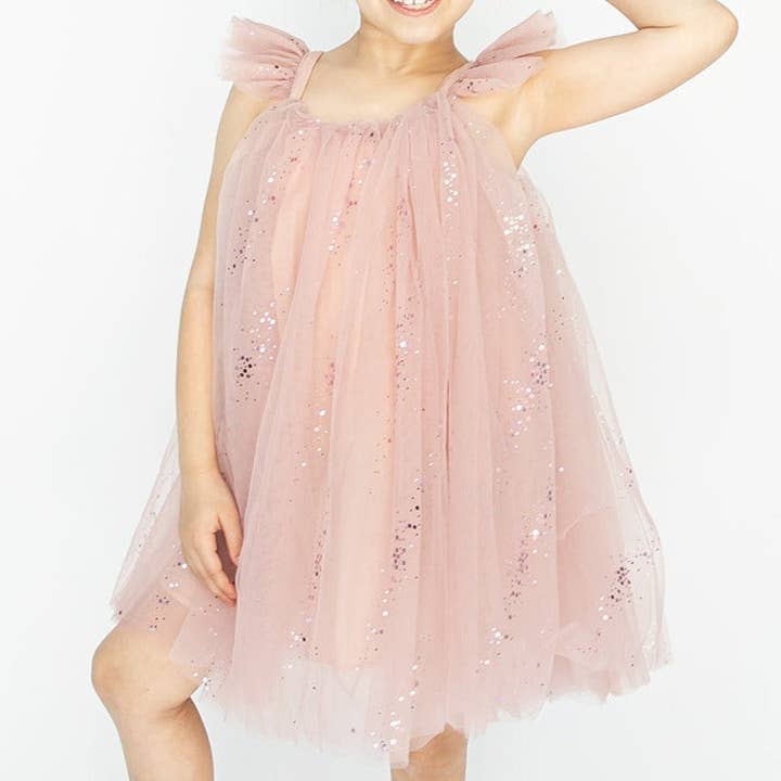Girl's Blush Pink Sparkly Tulle Flutter Sleeve Twirl Dress for wholesale by cuteheads