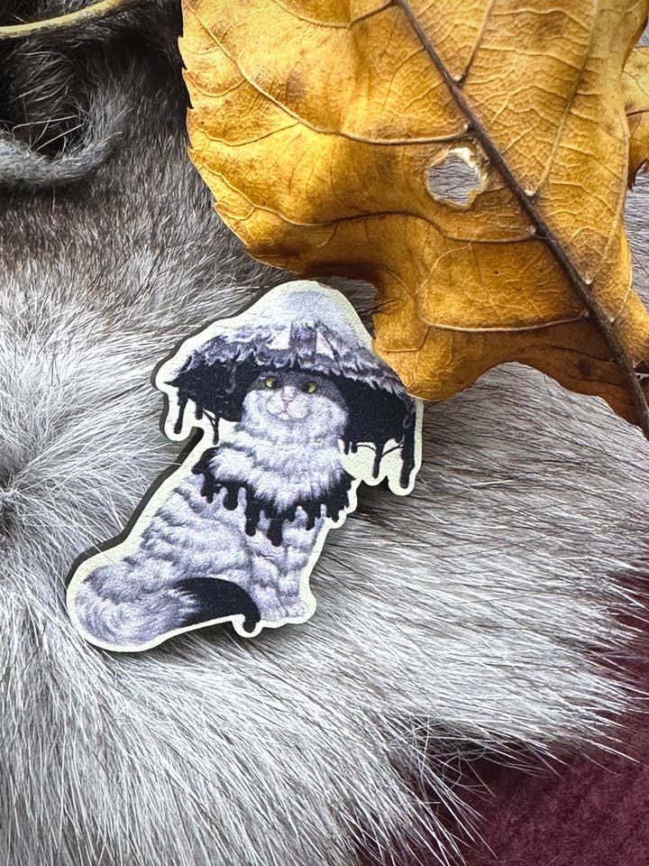 Inky Cap Mushroom Cat Wooden Pin for wholesale by Katelyn Gagnon Art