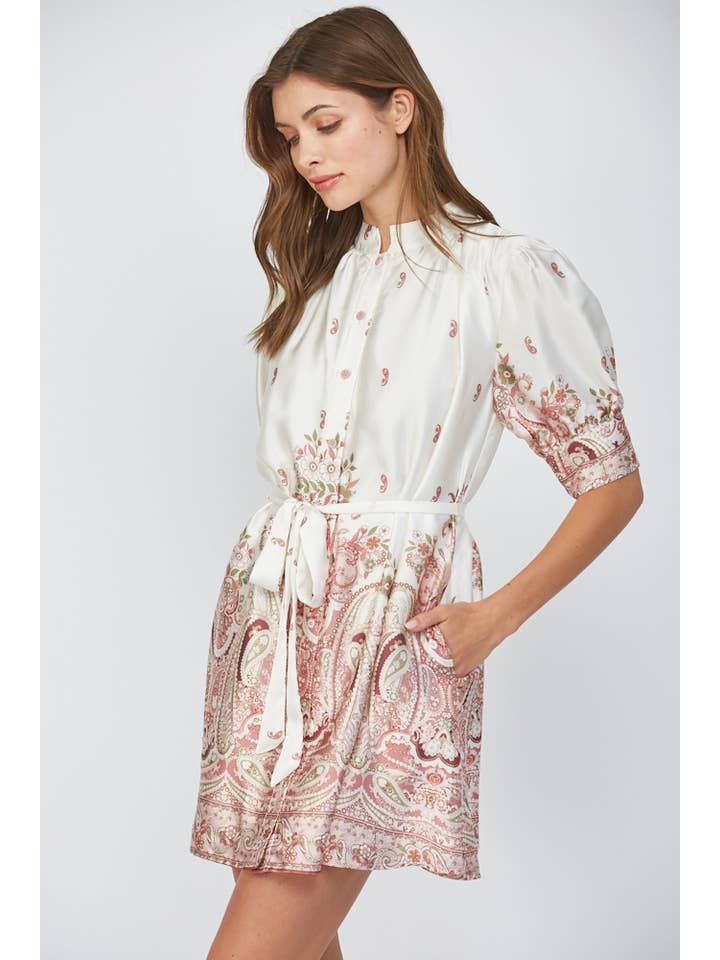 CREAM MULTI BORDER PRINT SATIN SELF WAIST TIE BUTTON FRONT DRESS FD30317 for wholesale on Faire