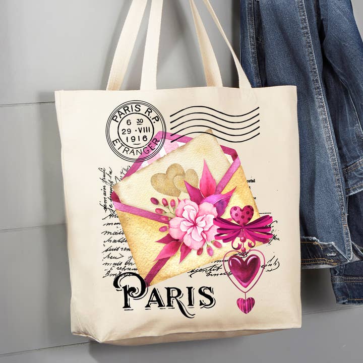 Bolso tote de algodón Valentine Paris Love Letter 12 oz para venta al por mayor de Avery Lane Gifts