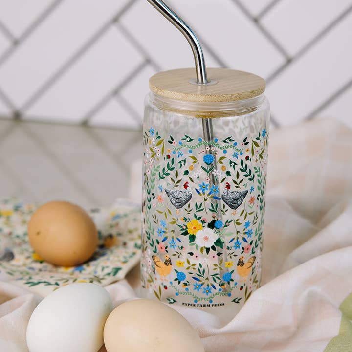 Paper Farm Press - Wholesale Drinking Glass/Cup - Chickens & Flowers Glass Can1