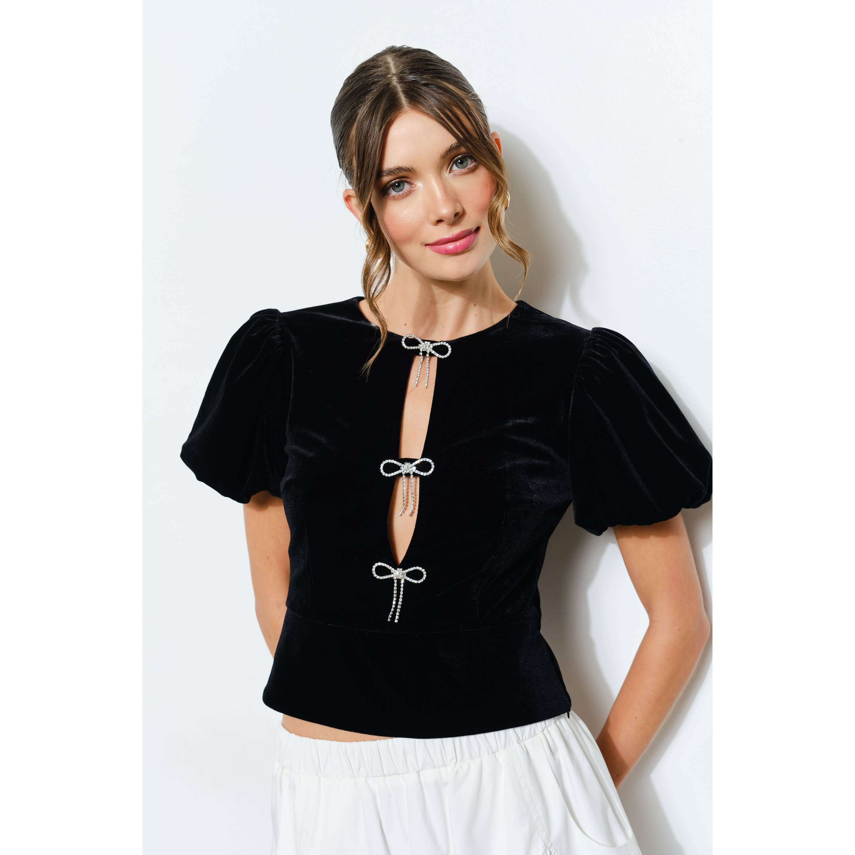 INA - Wholesale Blouse - Women's - Rhinestone Bow Cutout Velvet Puff Sleeve Top9