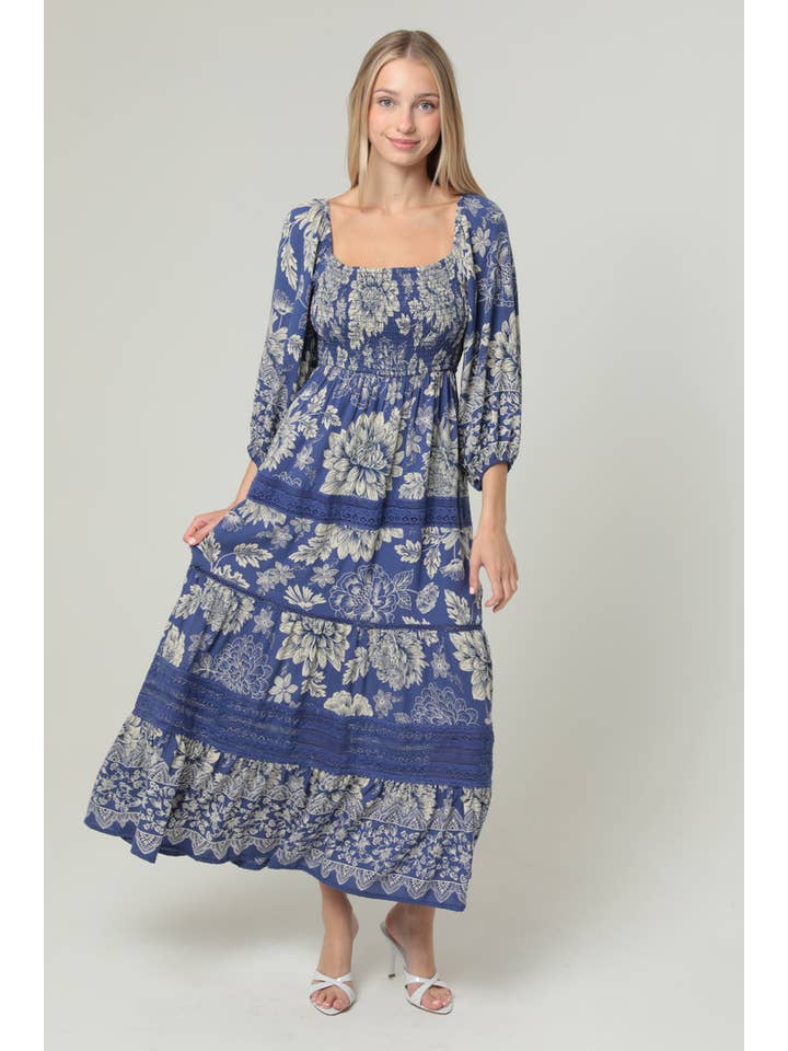 ANGIE - Wholesale Dress - Women's - C4G80-WB08 LACE TRIM SMOCKED BODICE LONG SLEEVE MAXI DRESS