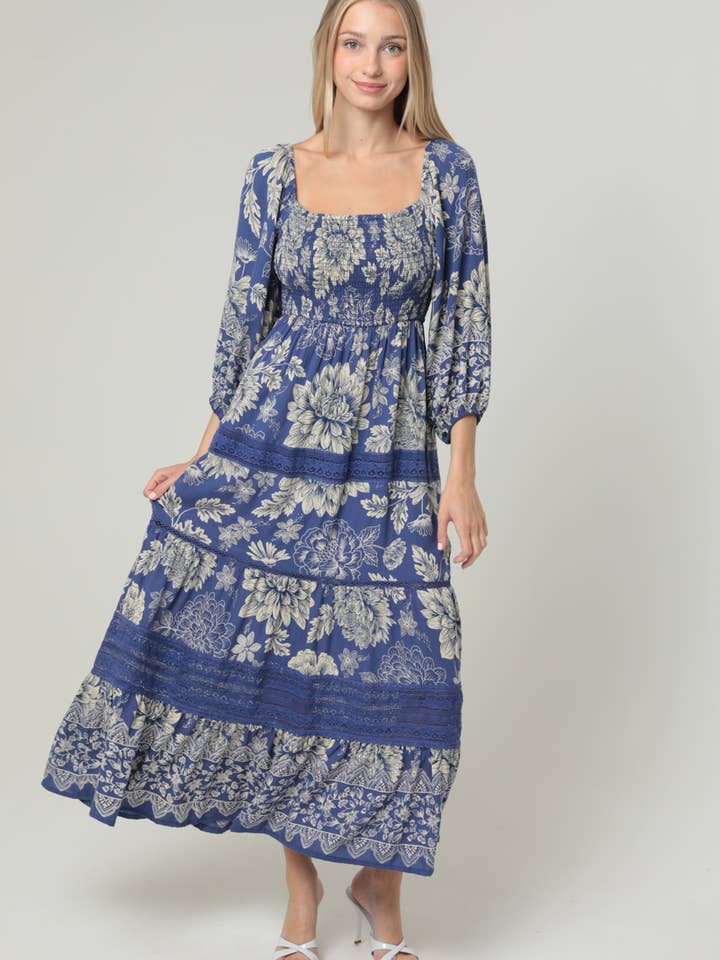 C4G80-WB08 LACE TRIM SMOCKED BODICE LONG SLEEVE MAXI DRESS for wholesale by ANGIE