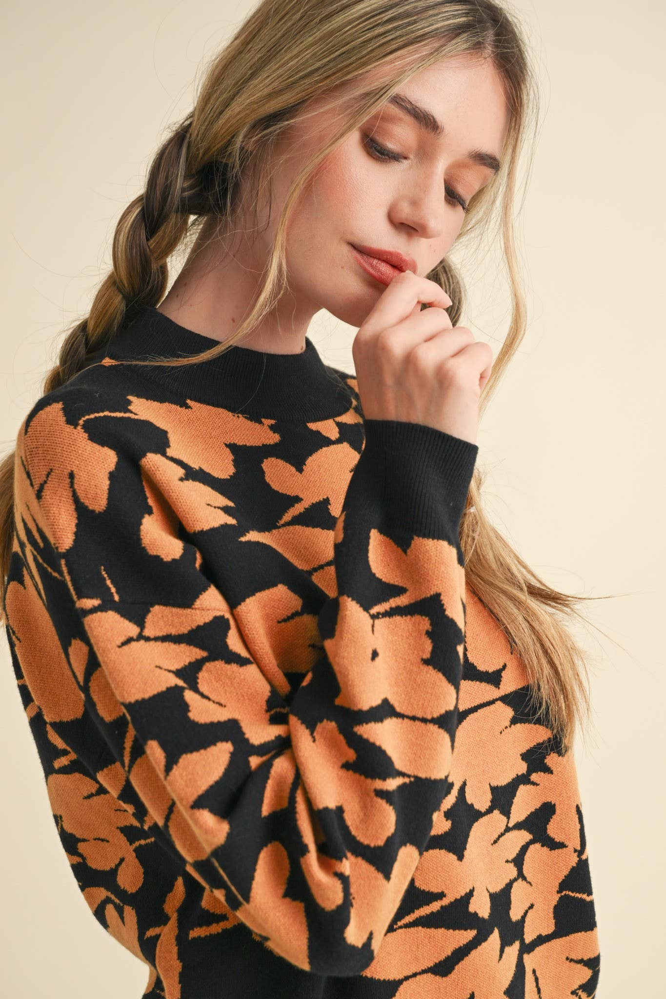 &MERCI - Wholesale Knit Sweater - Women's - MOCK NECK FLORAL KNIT SWEATER MSW105582