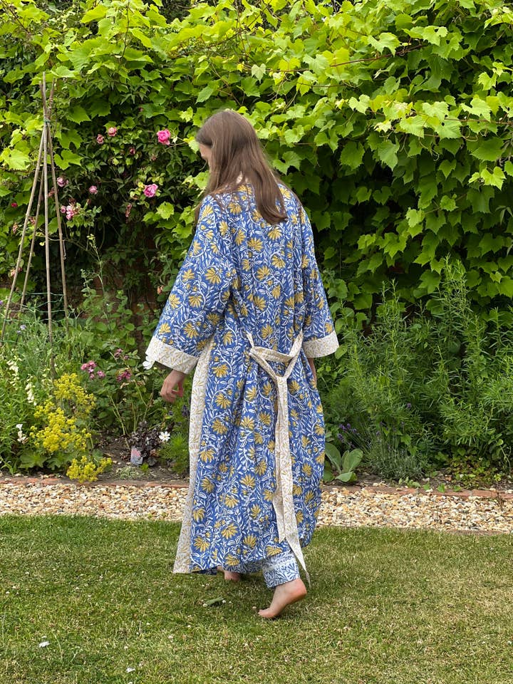 Lime Tree Design - Wholesale Robe - Women's - Long Cotton Kimono - Jaipur Blue & Yellow4