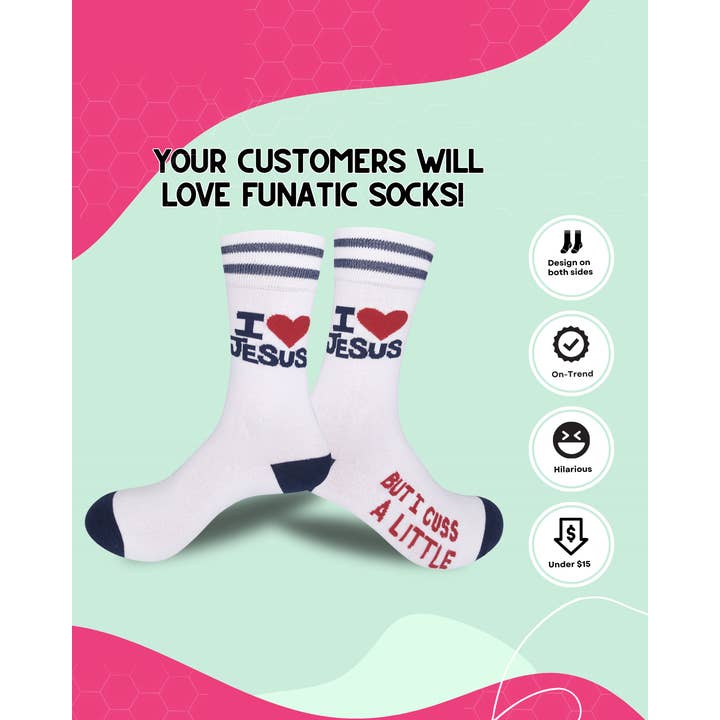Funatic - About Face Designs - Nice Enough Merch Co - Wholesale Socks - Unisex - I Love Jesus (But I Cuss) Socks | Funny | Funatic3