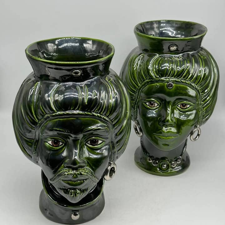 DD Ceramiche Siciliane - Vendita all'ingrosso Statuette decorative - Teste di Moro Mediterraneo Ceramica Caltagirone cm H.29 L.22 Artigianale Verde Platino7
