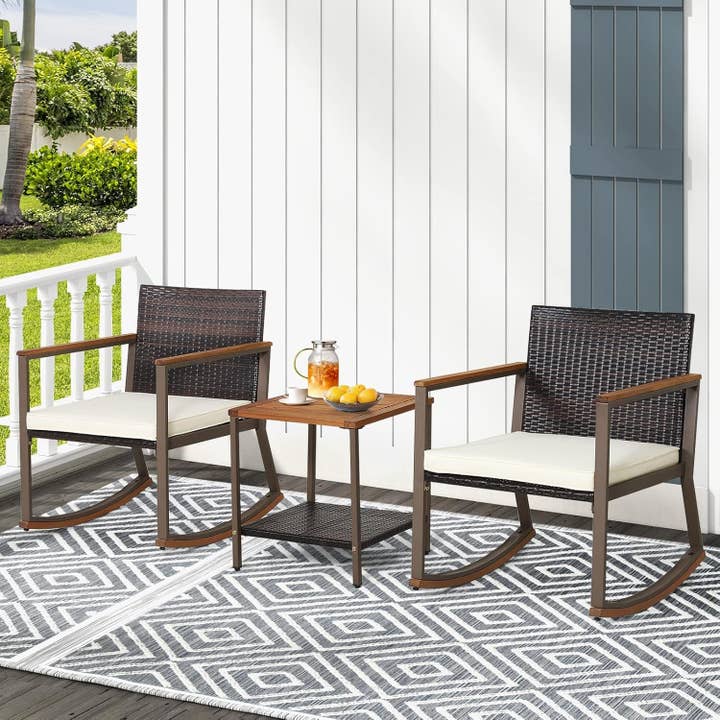 Three Piece Rocking Bistro Set With Cushions And Coffee Table For Outdoor Rattan Patio Off White for wholesale on Faire2