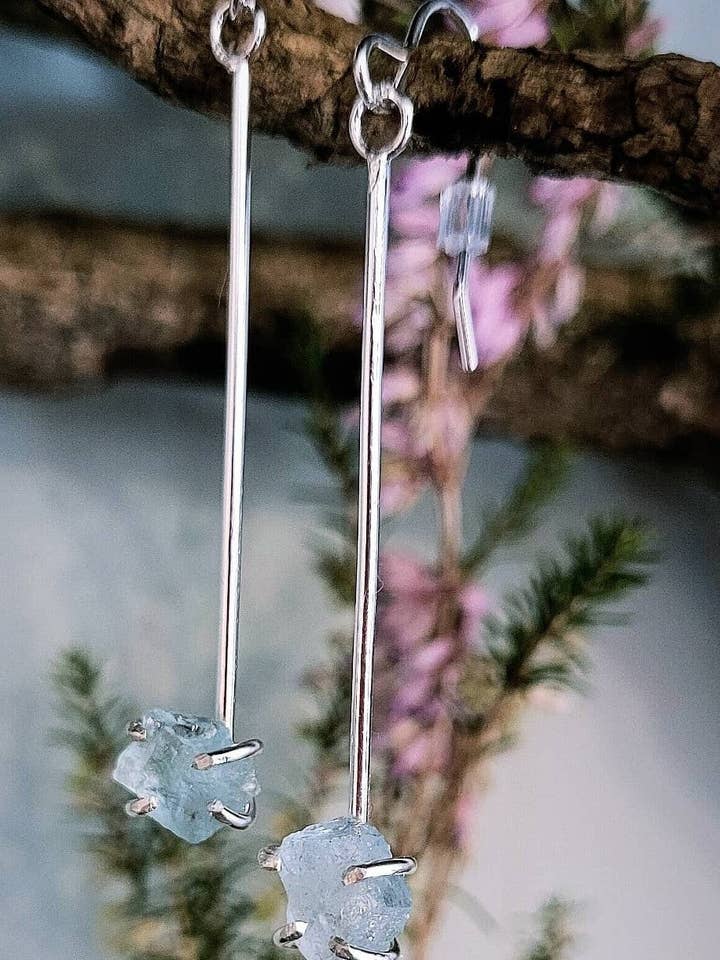 Raw Aquamarine Drop Earrings for wholesale by Caroline Stokesberry-Lee Jewellery Design