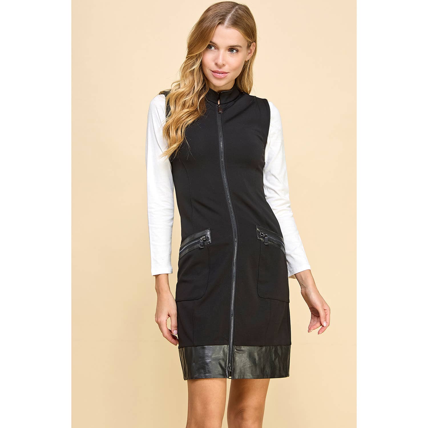 Black FULL FRONT ZIP FAUX LEATHER TRIM DRESS D2010 for wholesale on Faire1
