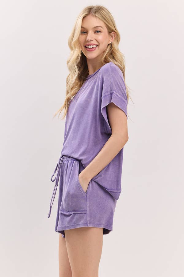 Sewn and Seen - Wholesale Lounge Set - Women's - MINERAL WASHED TOP AND SHORTS RIB SET 2