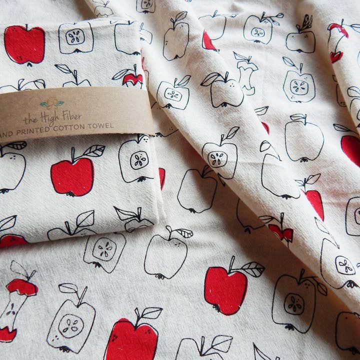 The High Fiber - Wholesale Tea Towel - Apple Towel, Handprinted Cotton Kitchen Towel