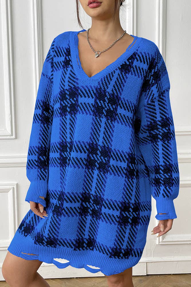 UNISHE – wholesale Dress – Women's – V Neck Plaid Knit Raw Edge One Size Sweater Dress OYM0968