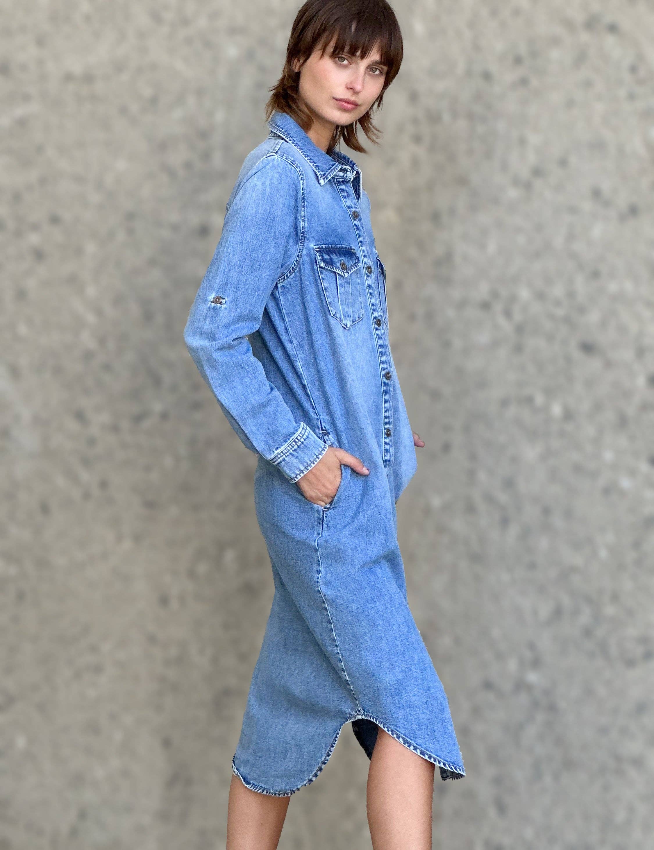 Market Blue Soft Denim Maxi Shirtdress for wholesale on Faire1