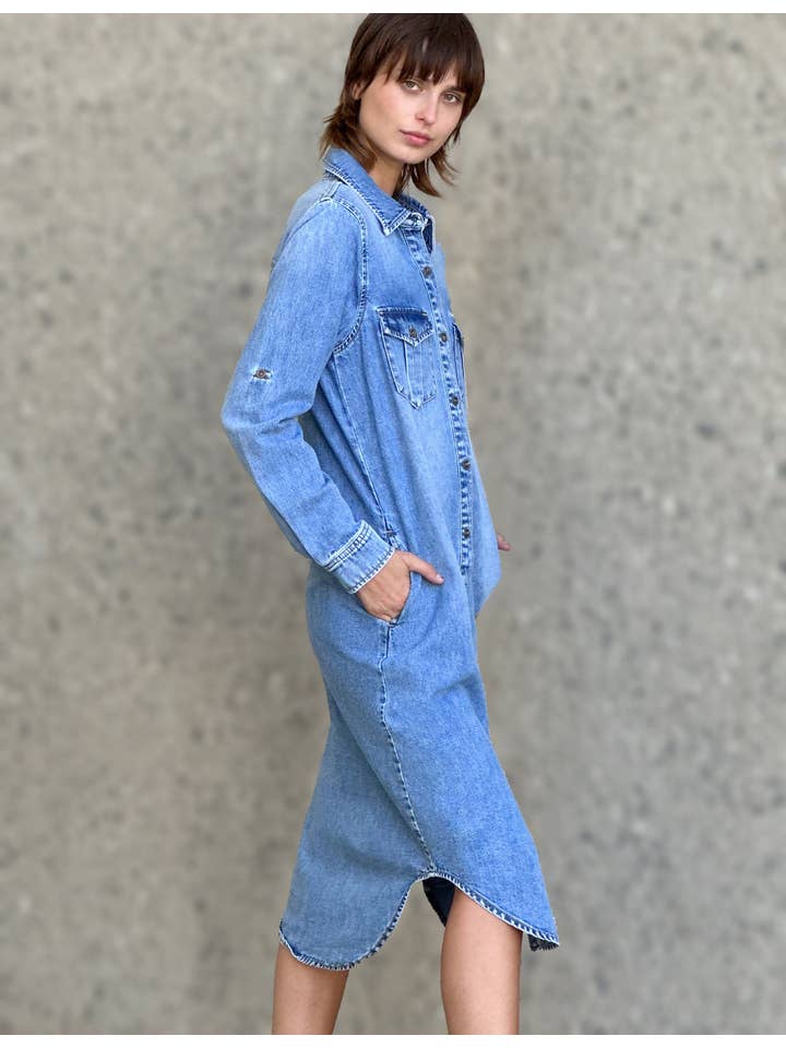 Market Blue Soft Denim Maxi Shirtdress for wholesale on Faire1