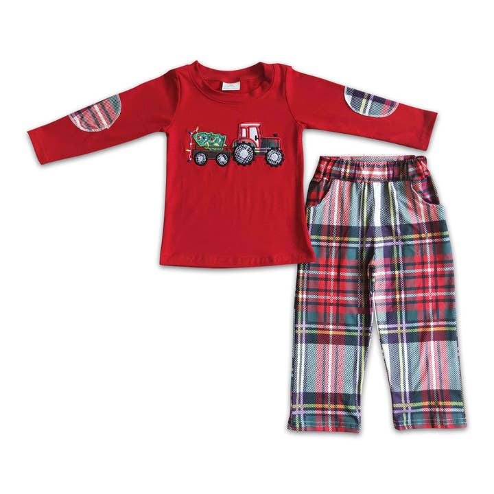 Yawoo Garments - Wholesale Top & Pant Set - Kids - Christmas tree tractor embroidery boy clothing set