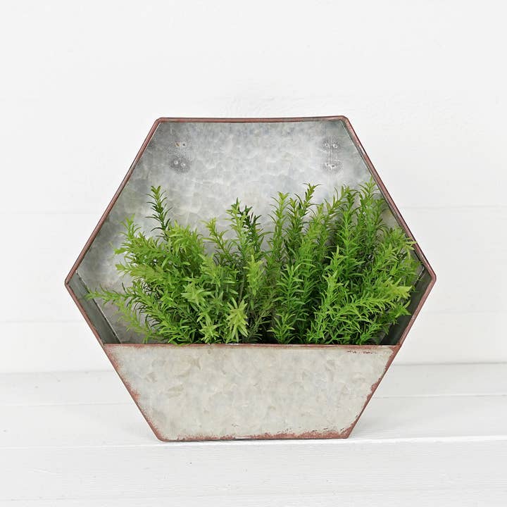 Impressive Enterprises, Inc. - Wholesale Decorative Tabletop Object - 16inW Vintage Galvanized Hexagon Pocket Wall Planter