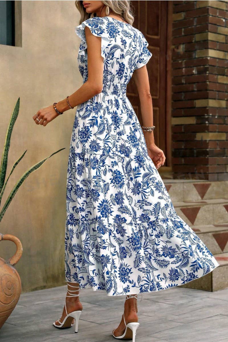 BLUE FLORAL PRINT DRESS WITH BUTTERFLY SLEEVES HEMMED for wholesale on Faire4
