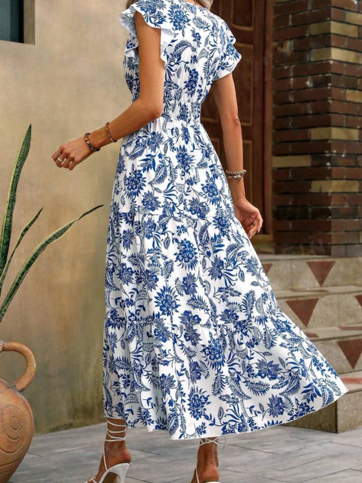 BLUE FLORAL PRINT DRESS WITH BUTTERFLY SLEEVES HEMMED for wholesale on Faire4