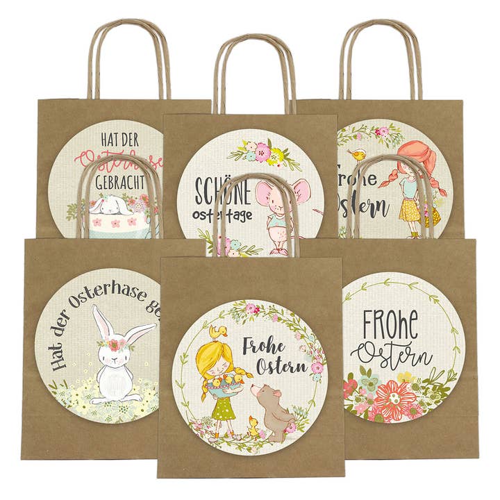 Grandes sacs cadeaux de Pâques avec poignées/autocollants en papier/carton, lot de 6, marron (L/H/P) 18x22x8cm pour la vente par Wurm