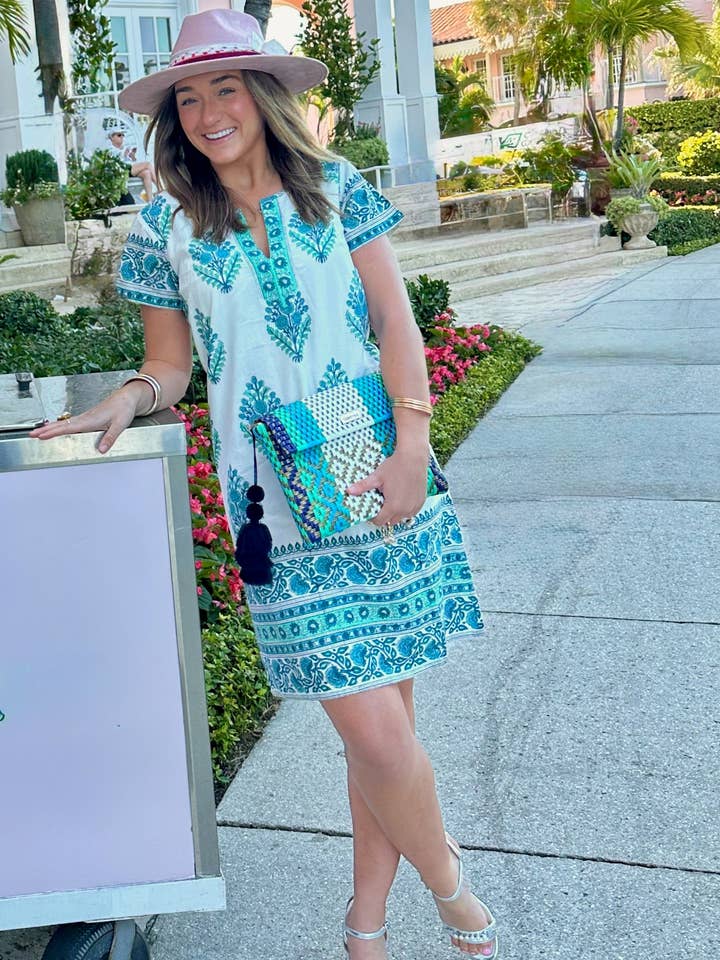 Skye White & Turquoise Shift Dress for wholesale by Genhappy