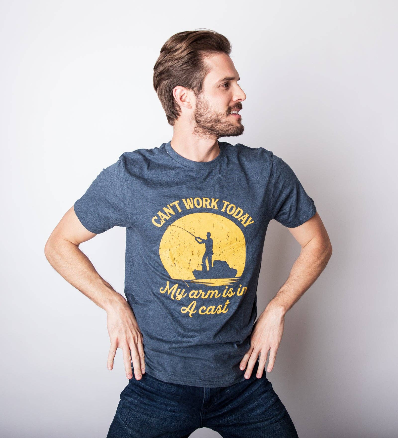 Bleu marine chiné Can't Work Today My Arm Is In A Casting Graphic Tee Fishing en vente sur Faire3