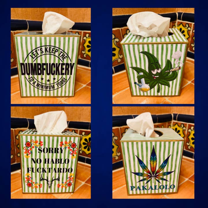 TOPICS IN THE TROPICS - Wholesale Tissue Box - Paper Mache Kleenex Box with Pot pics and sayings