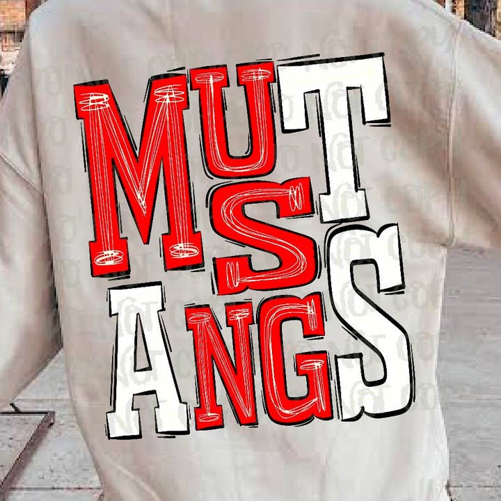 Mustangs röd/vit DTF-överföring för wholesale av K and M Designs