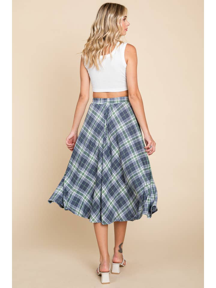 Denimblå/salvie ETS-423-PL Plus størrelse plaid T/R Span Midi nederdel for engroshandel på Faire5