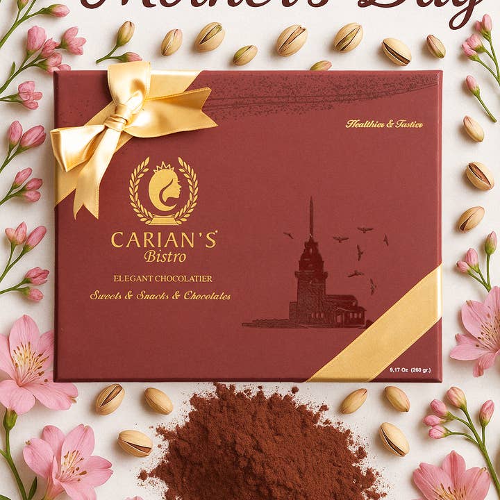 Carian's Bistro Chocolates - Wholesale Chocolate Box - Viral Dubai Chocolate Gift Box with Gold Ribbon Wrapped
