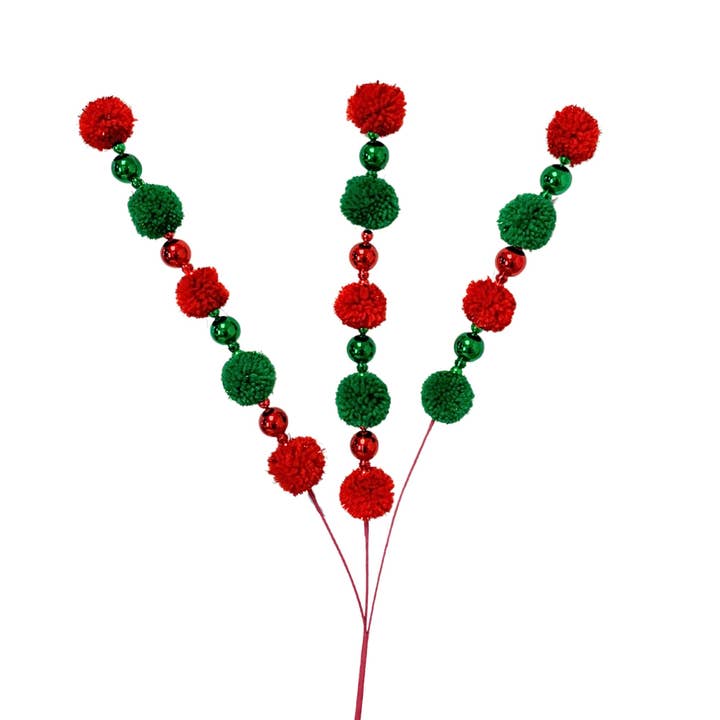 David Christopher's Collection - Wholesale Christmas Decoration - Pom Pom VP Ball Spray x 3 Red/Green 28"
