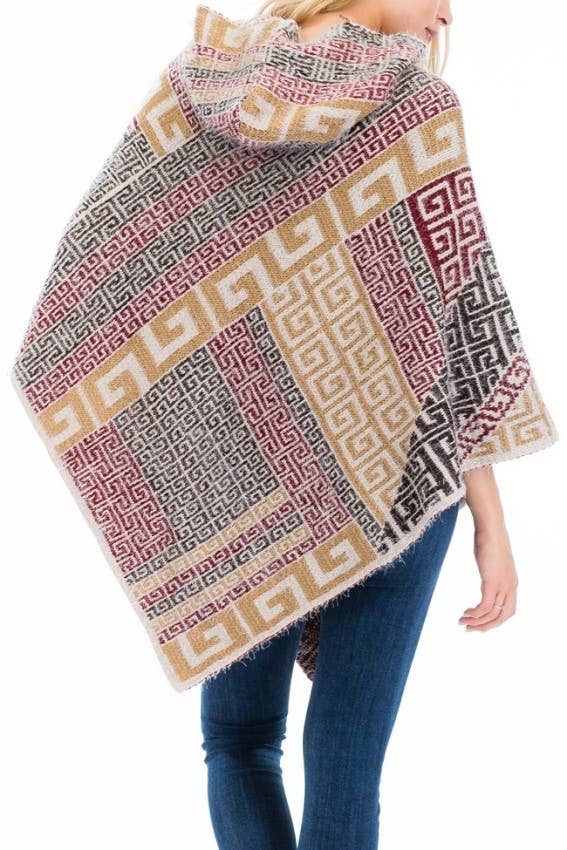 Cap Zone - Vente Poncho – femme - Poncho à capuche en faux angora Greek Key8