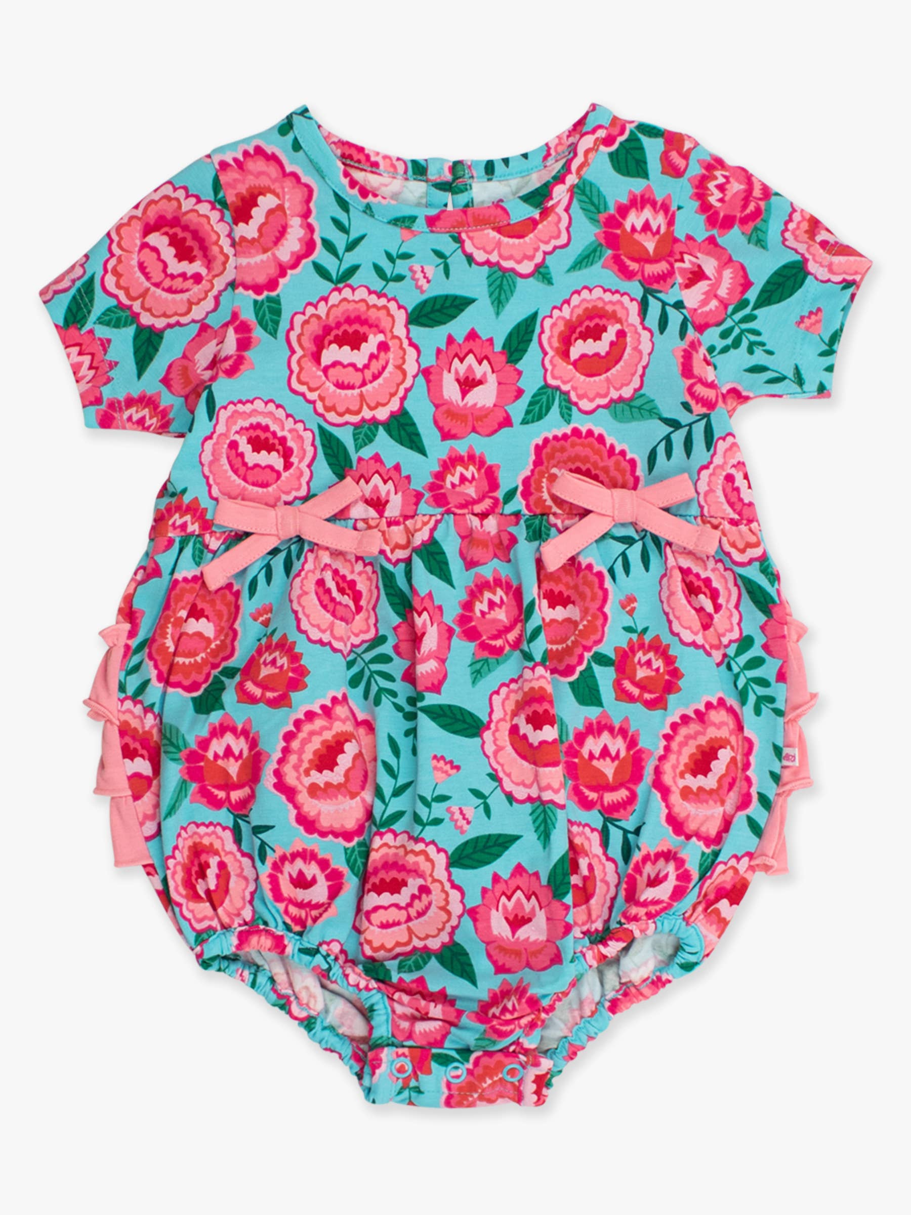 Blue Baby Girls Bright Blossoms Knit Short Sleeve Bow Bubble Romper for wholesale on Faire5